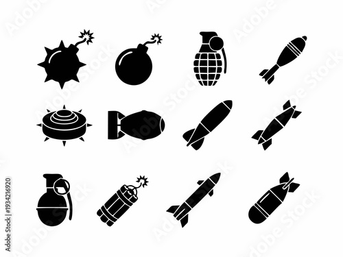 Set of Explosive Weapon Icons, Bombs and Military Detonation Symbols Isolated on White