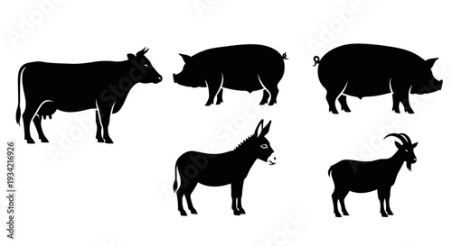 Farm Animals Silhouettes Collection: Cow, Pigs, Donkey, and Goat Icons