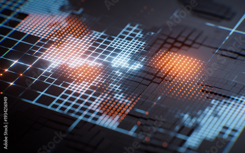Metallic electronic cube circuit board, 3d rendering.