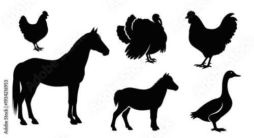 Farm Animals Silhouettes Collection: Horse, Chicken, Turkey, Goose, and Pony