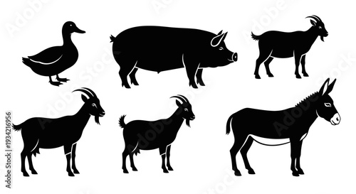 Farm Animals Silhouettes Collection: Duck, Pig, Goats, and Donkey Vector Icons