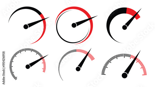 Modern Gauge Meter Set Collection – Red and Black Speedometer Dials Isolated on White