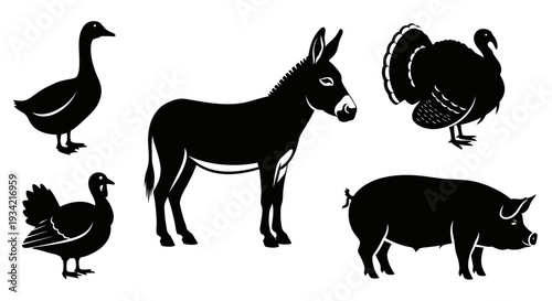 Farm Animals Silhouettes Collection: Goose, Donkey, Turkeys, and Pig