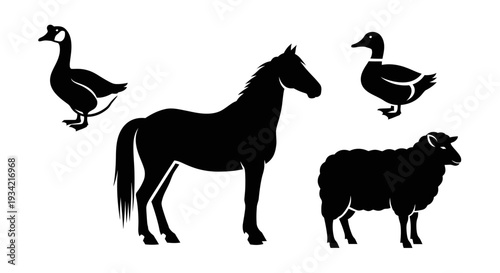 Farm Animals Silhouettes Collection: Horse, Sheep, Goose, and Duck Icons