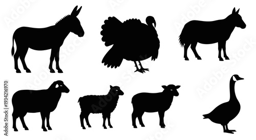 Farm Animals Silhouettes Collection Isolated on White Background