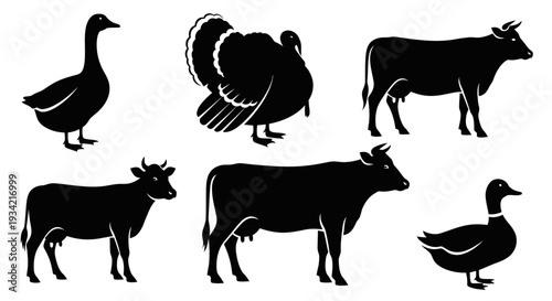 Farm Animals Silhouettes Collection: Goose, Turkey, Cows, and Duck Icons