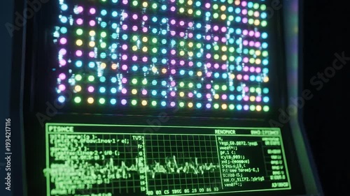 Futuristic digital display screen with colorful LED lights and complex data graphs on a dark background representing technology and innovation.