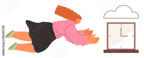 Time management, productivity, deadlines, goal setting, motivation, scheduling. A woman flying towards a clock with a cloud above. Time management and productivity concept