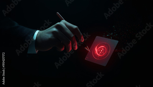 ハイコントラストで浮かび上がる手と赤い的、決断の瞬間