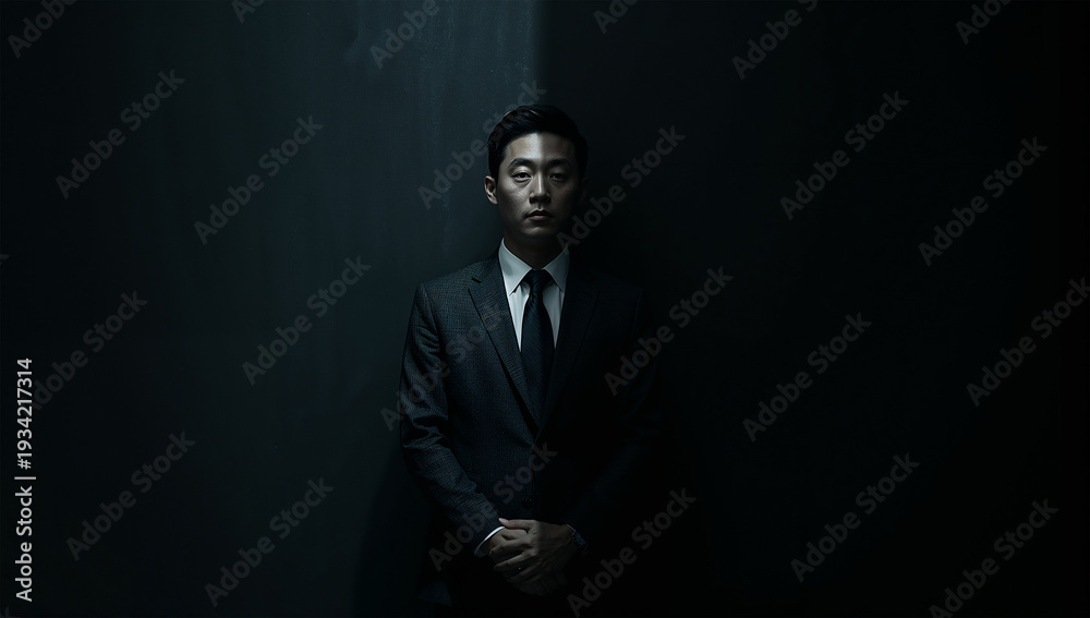Fototapeta premium ドラマティックな光の中で決意を示す新入社員のポートレート