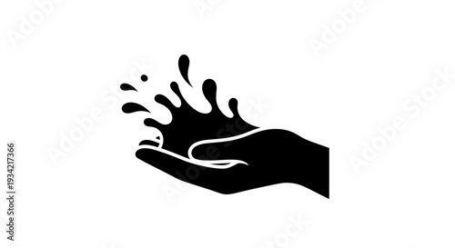Hand holding splashing liquid vector illustration in black and white.