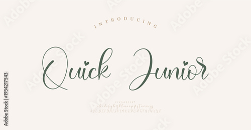 Quick Junior, Elegant Script logo alphabet letters font. Typography luxury classic lettering serif fonts decorative vintage retro logos and number. vector illustration
