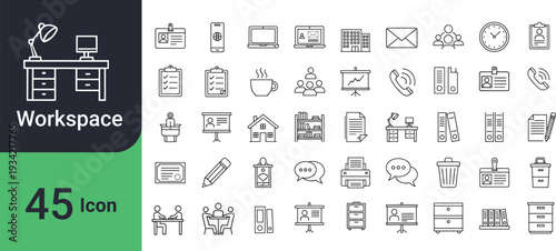 Collection of forty five black and white workspace and office icons