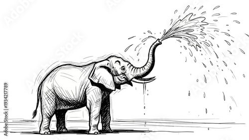 Playful elephant sprays water from its trunk, a charming ink line drawing.