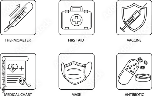 Medical healthcare vector icon set with thermometer first aid vaccine mask antibiotic and chart symbols