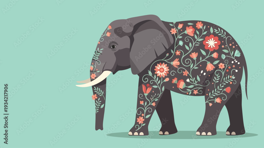 Obraz premium Floral Elephant Illustration with Decorative Design on Light Green Background