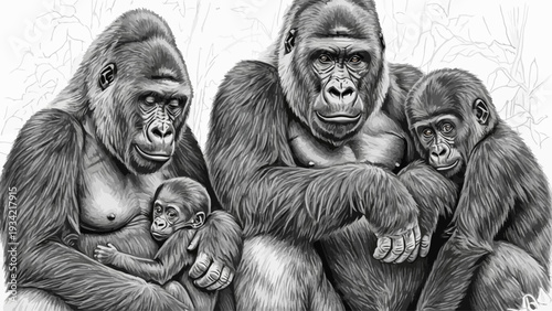 Black and white illustration of a gorilla family portrait.