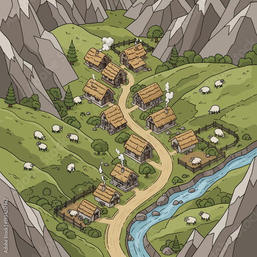 Cartoon village nestled in a mountainous valley with a winding river.
