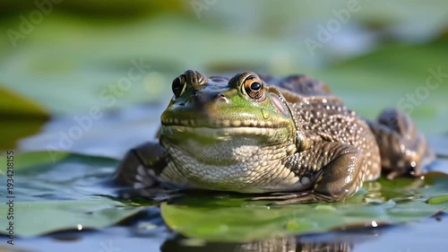 Closeup of a green frog sitting on a lily pad in calm water with lush green foliage in the background showcasing its textured skin and alert eyes in natural sunlight.