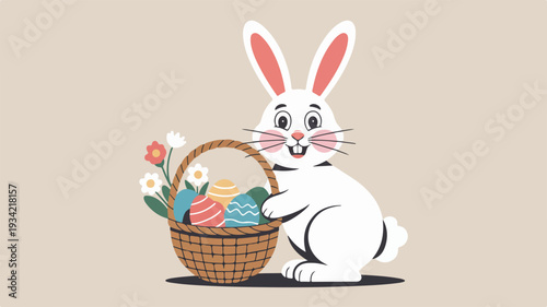 Easter bunny holding basket with colorful eggs and flowers on beige background springtime fun