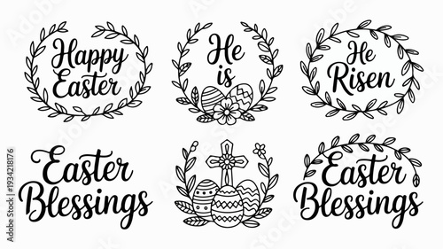Easter blessings and happy easter decorative elements with cross and floral wreaths on white background