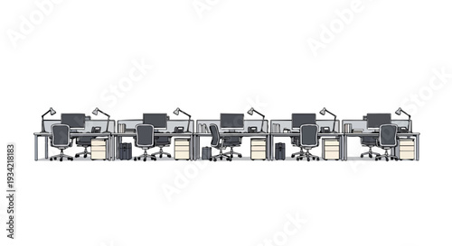 A modern office interior with a long, horizontal row of desks and computers, featuring a flat 2D layout and ample copy space on a clean white background.