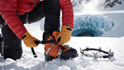 Closeup of a mountaineer attaching crampons to their boots on a snowy mountain slope with a glacier in the background.
