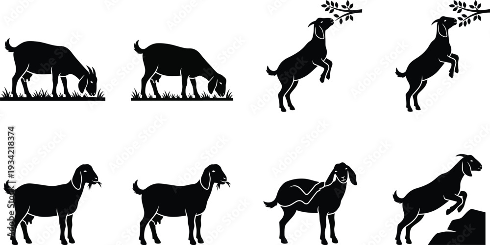 Fototapeta premium Set of 8 Black Goat Silhouettes Vector Icons