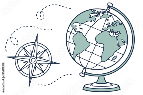 Global Travel and Exploration with World Globe and Traditional Compass Rose for Navigation