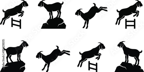 Set of 8 black goat silhouettes vector illustrations