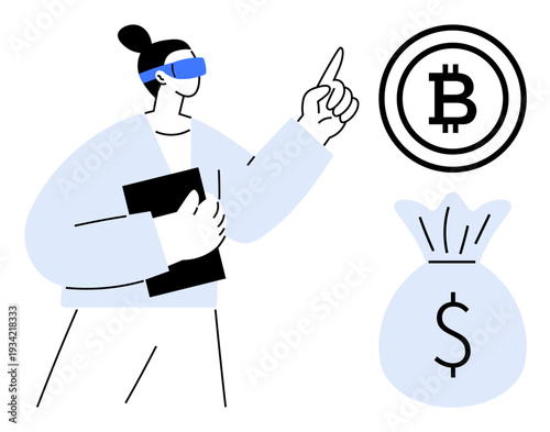 Digital currencies, blockchain technology, investment trends, fintech innovation, virtual assets, financial education. Person wearing VR headset pointing at Bitcoin icon. Cryptocurrency