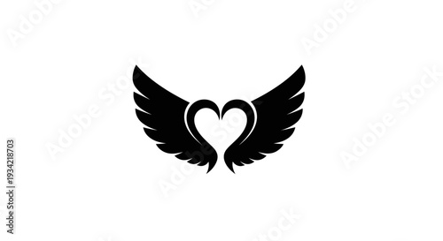 Heart shape formed by two swans with wings, black silhouette.