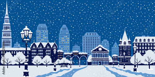USA, US, U.S, United States - Boston skyline winter snow, ultra-wide flat vector, minimalist style
