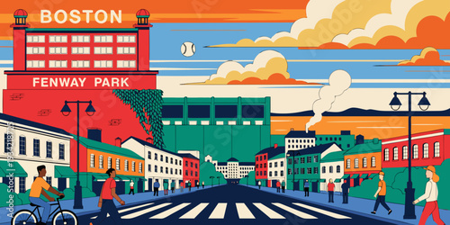 USA, US, U.S, United States - Fenway Park sunset, Boston baseball retro flat vector, panoramic poster
