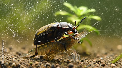 Intimate Macro Shot of a Beetle Predating on a Freshwater Shrimp in a Natural Aquarium Environment with Lush Green Aquatic Plants.