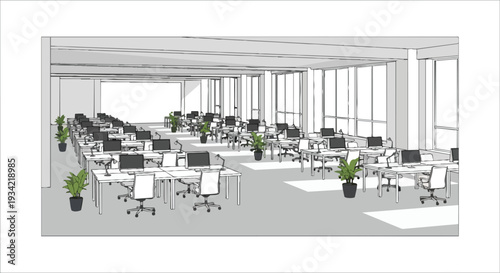 A modern office interior with rows of desks and chairs, featuring a flat 2D layout and ample copy space, set in a bright and airy horizontal space.