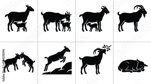 Set of 8 Black Goat Silhouettes Vector