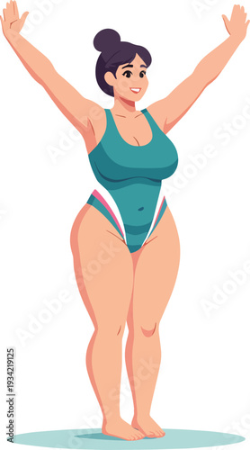 donna in costume da bagno intero con le braccia sollevate e sorride vettoriale