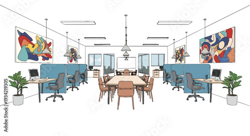 A modern office interior with a large wooden table and blue cubicles, featuring colorful artwork on the walls, with a flat 2D layout and ample copy space.