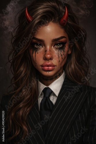 Dark Corporate Fantasy Portrait of Confident Woman with Subtle Red Horns, Pinstripe Suit and Dramatic Makeup, Cinematic Moody Lighting, Ultra Realistic High Fashion Concept, Vertical 9:16