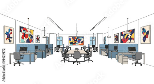 A modern office interior with a flat 2D layout, featuring a horizontal arrangement of blue workstations and gray chairs, set against a white background with colorful artwork and ample copy space.