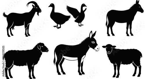 Farm Animals Silhouettes Set - Goat, Geese, Donkey, Horse, Sheep