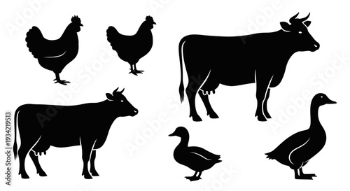 Farm Animals Silhouettes Set: Cow, Chicken, and Duck Livestock Collection