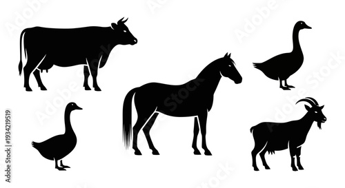 Farm Animals Silhouettes Set: Cow, Horse, Goat, and Geese Icons