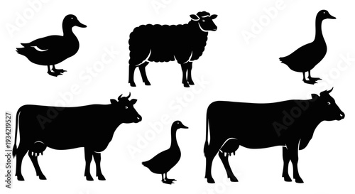 Farm Animals Silhouettes Set: Cow, Sheep, Duck, and Goose Livestock Collection