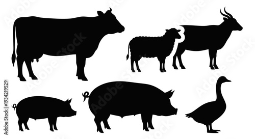 Farm Animals Silhouettes Set: Cow, Pig, Sheep, Goat, and Goose Icons