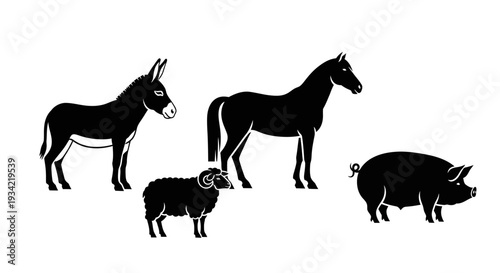 Farm Animals Silhouettes Set: Donkey, Horse, Sheep, and Pig Isolated on White