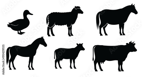 Farm Animals Silhouettes Set: Duck, Sheep, Horse, and Cows Isolated on White Background
