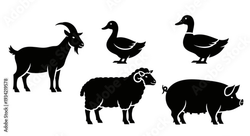Farm Animals Silhouettes Set: Goat, Ducks, Sheep, and Pig Icons