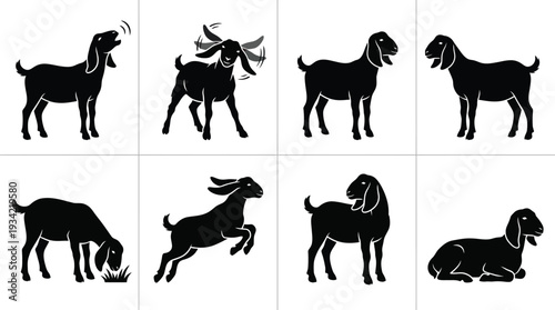 Set of 8 Black Goat Silhouettes Vector